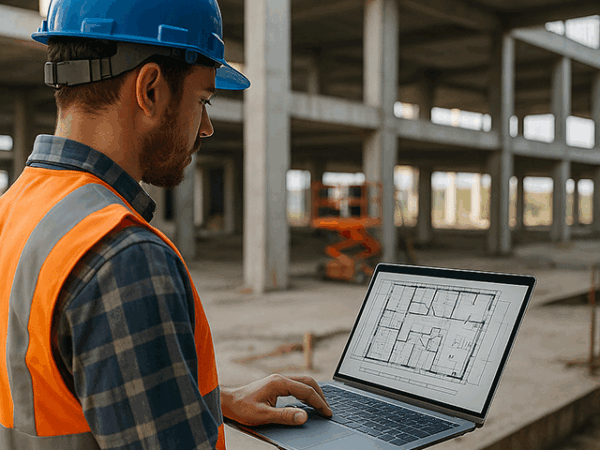 مهندس يرتدي خوذة وسترة أمان يستعرض مخطط بناء رقمي على لابتوب داخل موقع إنشائي غير مكتمل
