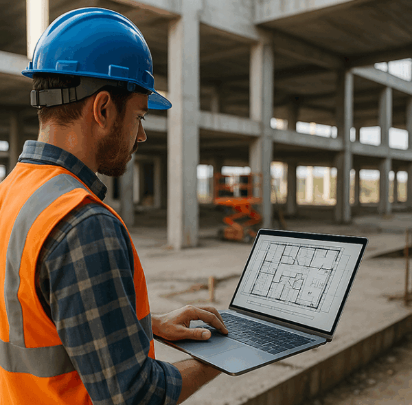 مهندس يرتدي خوذة وسترة أمان يستعرض مخطط بناء رقمي على لابتوب داخل موقع إنشائي غير مكتمل