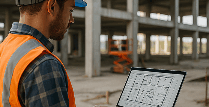 مهندس يرتدي خوذة وسترة أمان يستعرض مخطط بناء رقمي على لابتوب داخل موقع إنشائي غير مكتمل